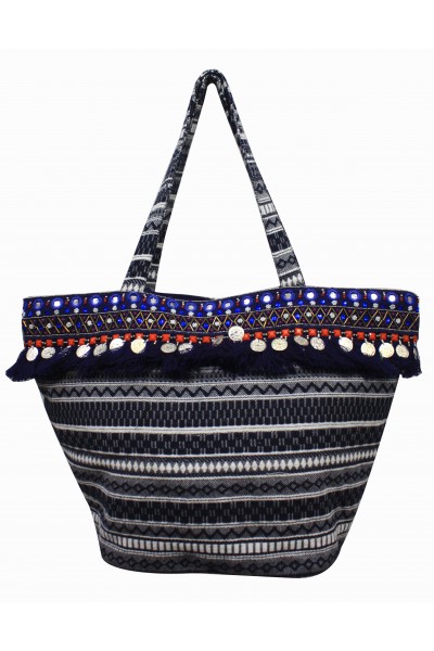 Embellished navy jacquard bag